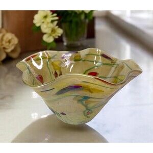 Glass Eye Studio Hand Blown Glass Bowl Golden Abstract Color Designs